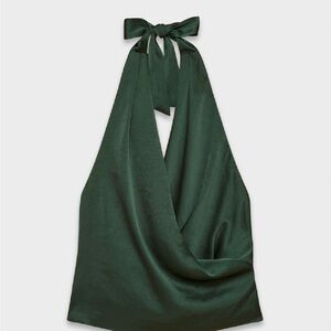 Aritzia Martini top- Dark Forest Green Satin Halter Tie-Back Top